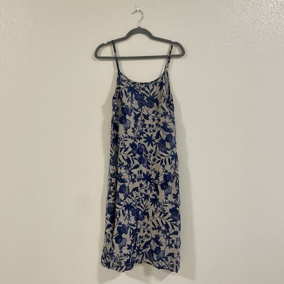FLAX 100% Linen Midi Dress White & Blue Floral Print Made In USA Size P Small - Picture 1 of 11